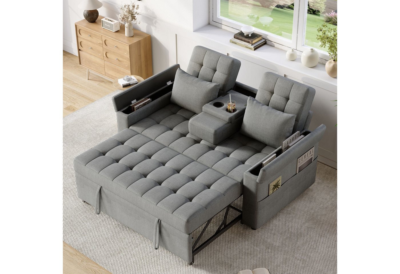 OKWISH Schlafsofa 2-Sitzer Sofa mit Armlehnen-Staufächern und Kissen, Set 1 Teile, Klappsofa mit Stauraum und Verstellbarer Rückenlehne von OKWISH