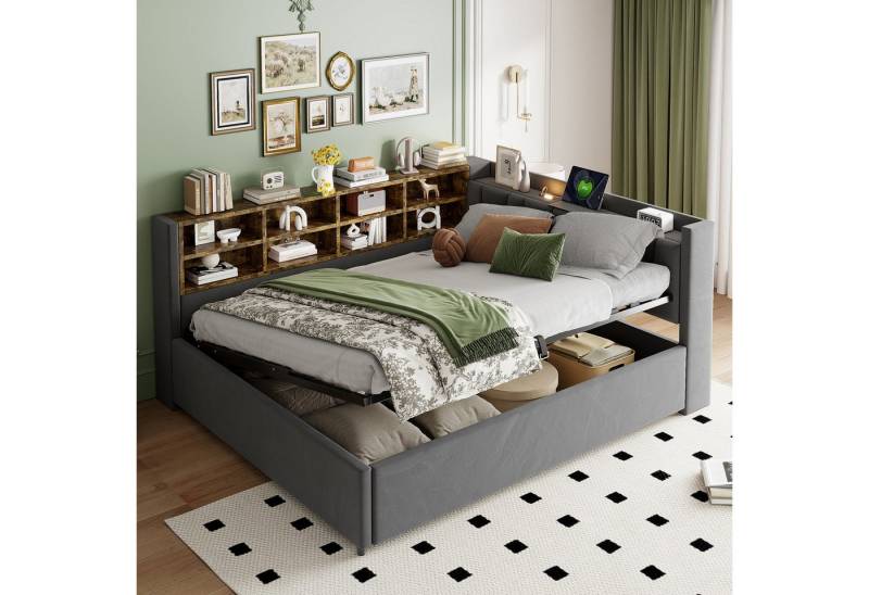 OKWISH Schlafsofa Kinderbett, mit hydraulischem Stauraum, Nachtlicht, USB- & Typ-C-Ladeanschluss und Ablagen, Polsterbett, Gepolstertes Samtsofa 140x200 cm, ohne Matratze von OKWISH