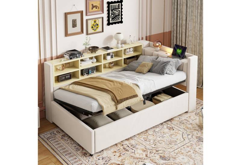 OKWISH Schlafsofa Kinderbett, mit hydraulischem Stauraum, Nachtlicht, USB- & Typ-C-Ladeanschluss und Ablagen, Polsterbett, Gepolstertes Samtsofa 90x200 cm, Inklusive Matratze von OKWISH