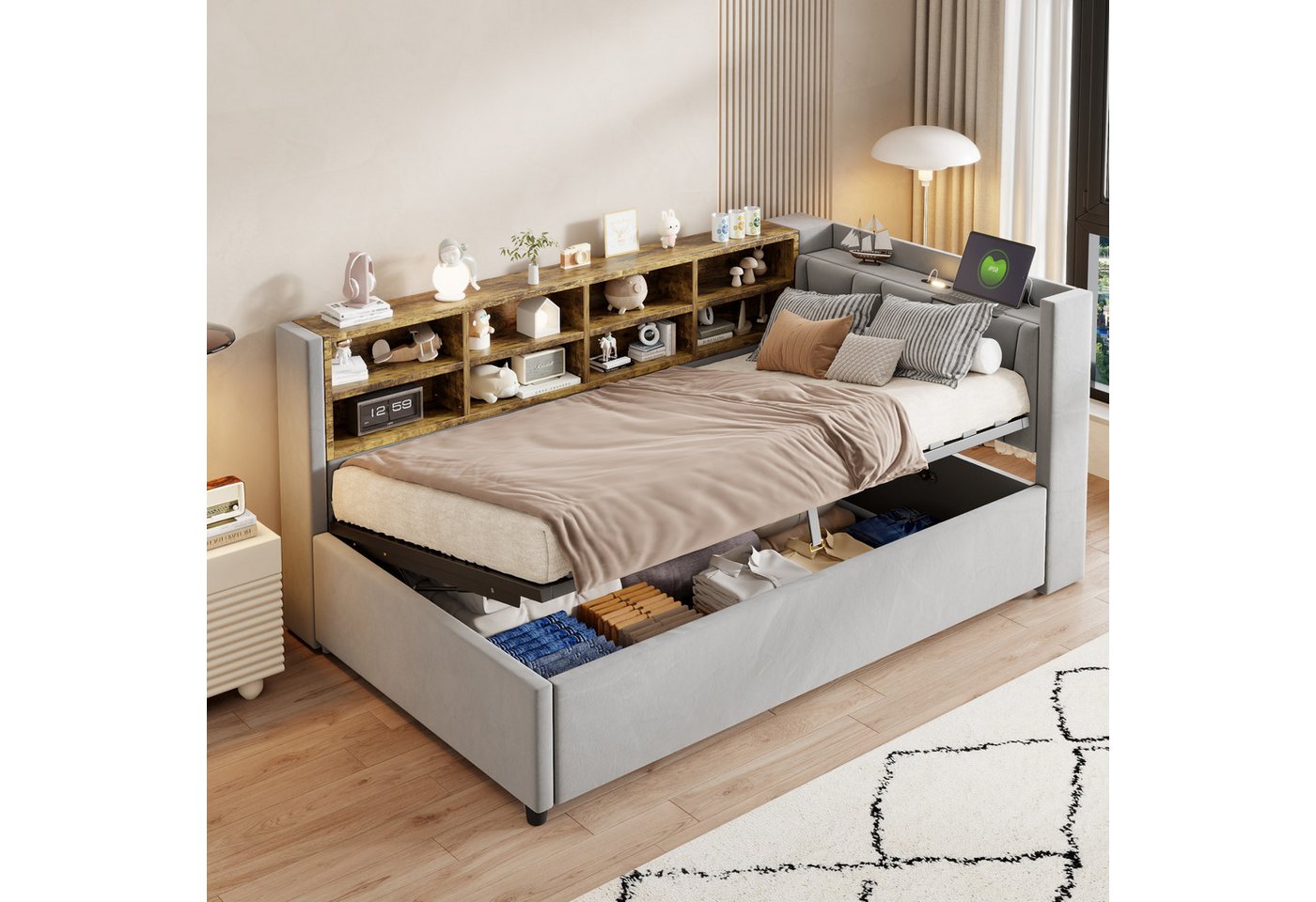 OKWISH Schlafsofa Kinderbett, mit hydraulischem Stauraum, Nachtlicht, USB- & Typ-C-Ladeanschluss und Ablagen, Polsterbett, Gepolstertes Samtsofa 90x200 cm, ohne Matratze von OKWISH