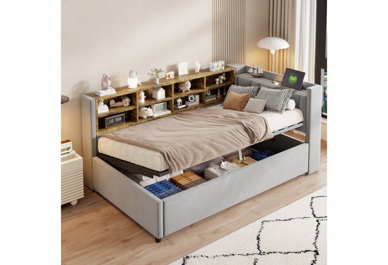 OKWISH Schlafsofa Kinderbett, mit hydraulischem Stauraum, Nachtlicht, USB- & Typ-C-Ladeanschluss und Ablagen, Polsterbett, Gepolstertes Samtsofa 90x200 cm, ohne Matratze von OKWISH