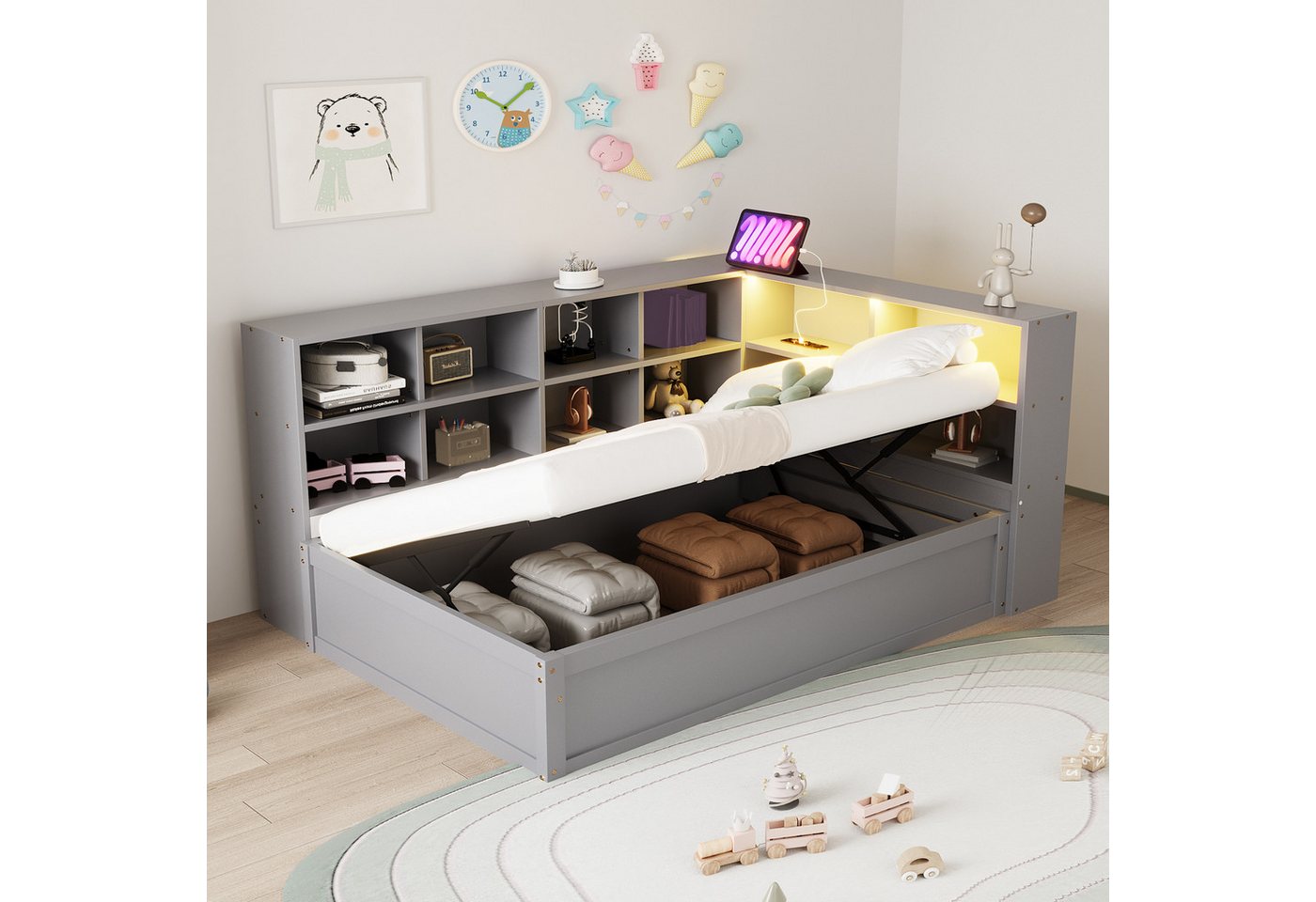 OKWISH Schlafsofa Kinderbett Stauraumbett, aus Massivholz, mit integrierter Multifunktionssteckdose, Stauraum, LED-Beleuchtung und hydraulischem Bettmechanismus 90x200 cm, ohne Matratze OKWISH Schlafsofa Kinderbett Stauraumbett, aus Massivholz, mit integrierter Multifunktionssteckdose, Stauraum, LED-Beleuchtung und hydraulischem Bettmechanismus 90x200 cm, ohne Matratze von OKWISH