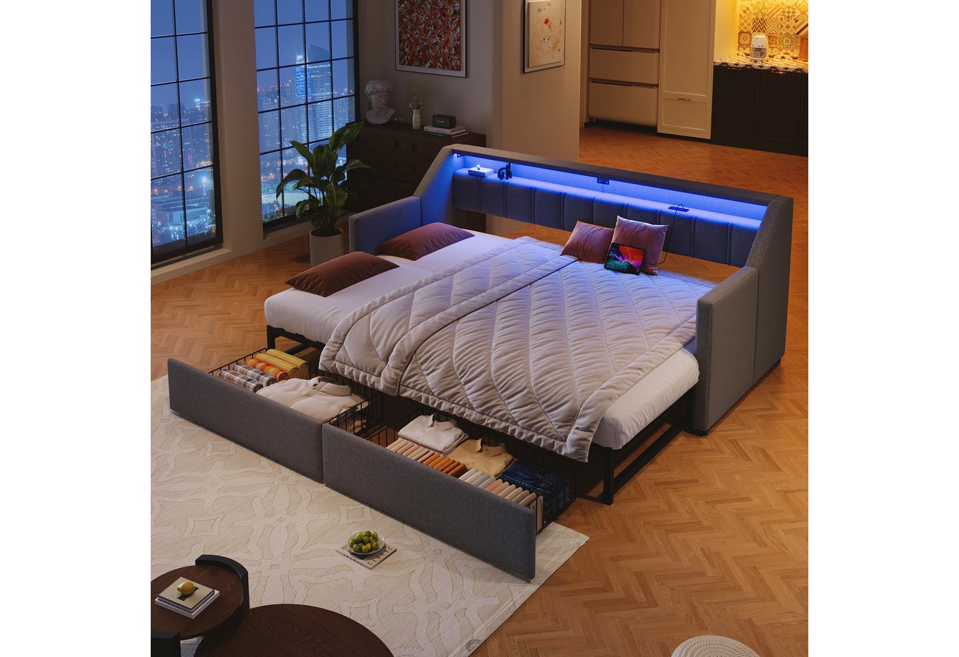 OKWISH Schlafsofa Polsterbett, mit LED & USB/Type-C, Ausziehbares Schlafsofa mit Schubladen, Kinderbett Funktionsbett 90x200cm/180x200 cm, Inklusive Matratze OKWISH Schlafsofa Polsterbett, mit LED & USB/Type-C, Ausziehbares Schlafsofa mit Schubladen, Kinderbett Funktionsbett 90x200cm/180x200 cm, Inklusive Matratze von OKWISH