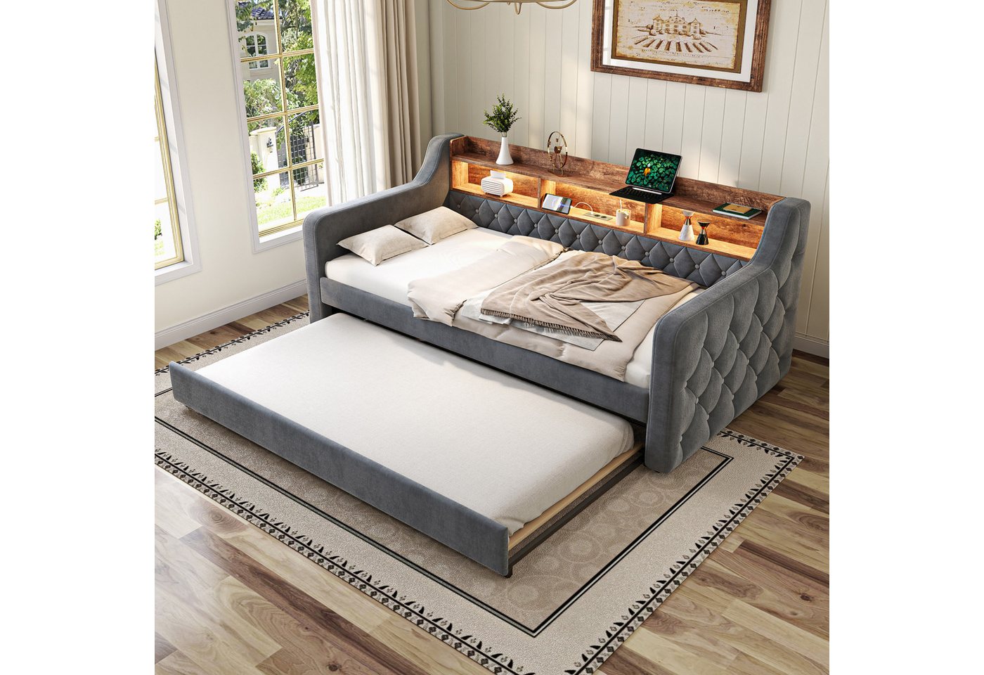 OKWISH Schlafsofa Polsterbett Funktionsbett, aus Samt mit LED-Ambiente, USB-C-Anschluss und Ausziehbett, ohne Matratze OKWISH Schlafsofa Polsterbett Funktionsbett, aus Samt mit LED-Ambiente, USB-C-Anschluss und Ausziehbett, ohne Matratze von OKWISH