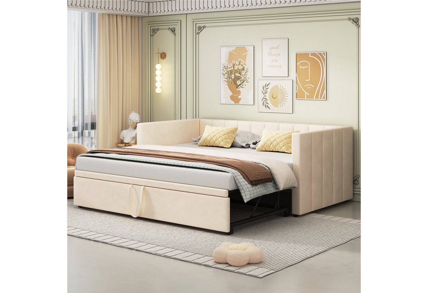 OKWISH Schlafsofa Polsterbett Kinderbett Bett Funktionsbett Doppelbett, mit Lattenrosten, Multifunktionsbett aus hautfreundlichem Samtstoff, ohne Matratze von OKWISH