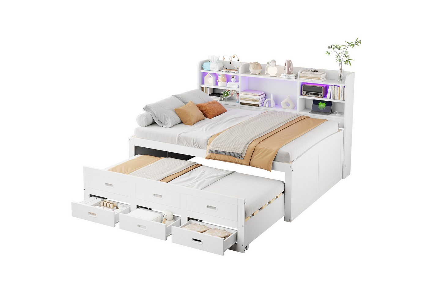 OKWISH Schlafsofa Stauraumbett Kinderbett, 140x200 mit LED & 3 Schubladen, USB+Typ-C, Ausziehbett, ohne Matratze von OKWISH