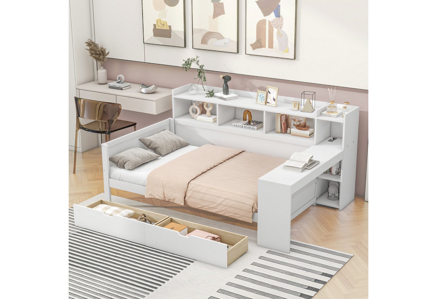 OKWISH Schlafsofa Tagesbett,mit integriertem Schreibtisch und USB-Ladeanschluss, Schlafsofa, Tagesbett mit 2 Schubladen, USB-Anschluss & Ladebuchse, Nachttischablage, Multifunktionales Daybed für,  ohne Matratze, mit Matratze von OKWISH