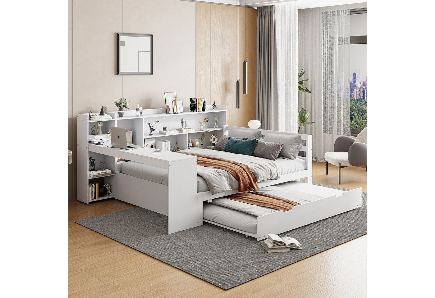OKWISH Schlafsofa Tagesbett Jugendbett Kinderbett Daybett, aus Massivholz mit ausziehbarem Bett, Schreibtisch, Regalen, Ablagefächern & Steckdose 140x200 cm, Ohne Matratze OKWISH Schlafsofa Tagesbett Jugendbett Kinderbett Daybett, aus Massivholz mit ausziehbarem Bett, Schreibtisch, Regalen, Ablagefächern & Steckdose 140x200 cm, Ohne Matratze von OKWISH