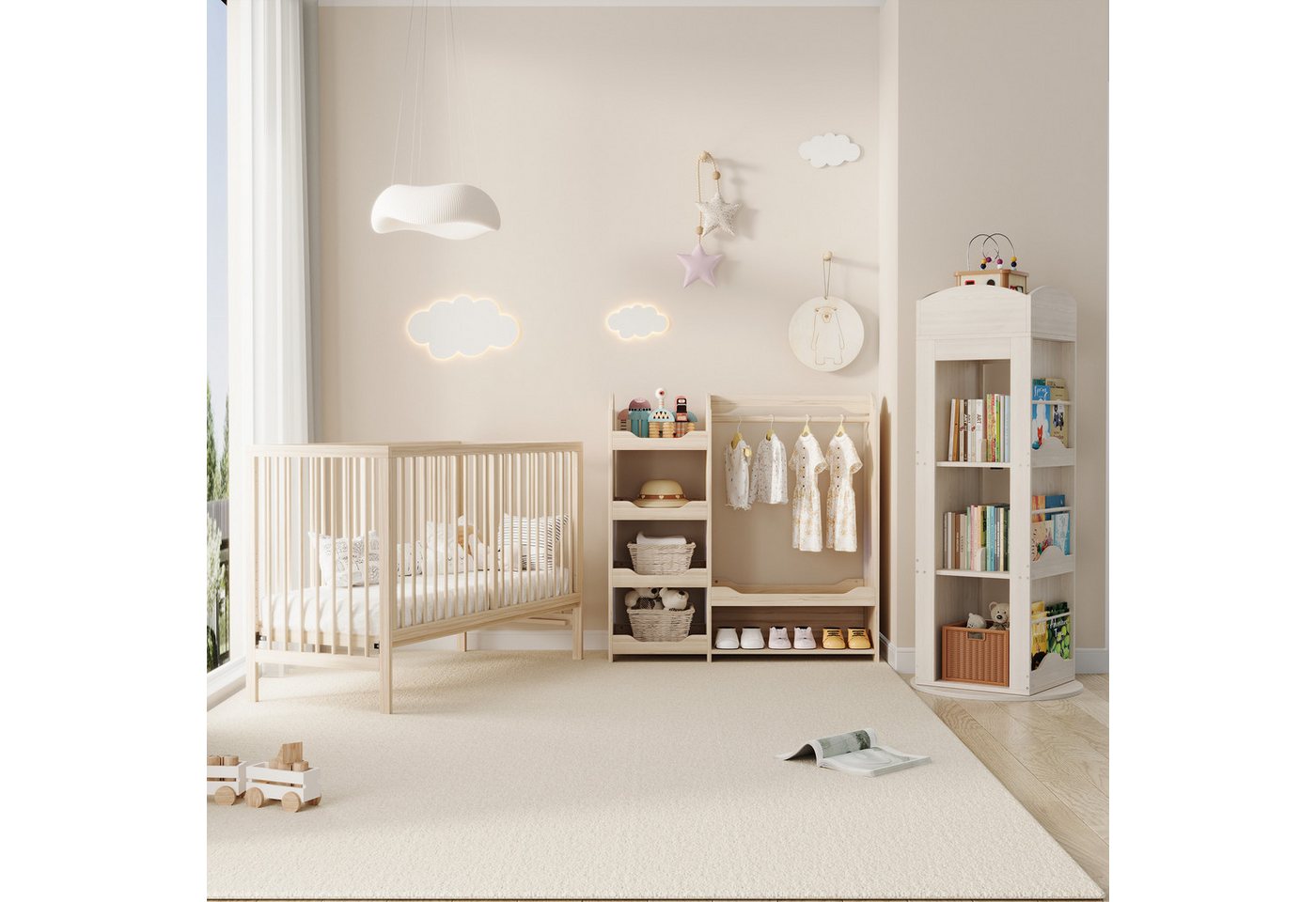 OKWISH Schlafzimmer-Set Kinder-Kombi-Möbel, (Jugendzimmer-Möbelset, 3-tlg., Massivholz + MDF), Holz-Babybett + Schrank + Drehbares Bücherregal von OKWISH