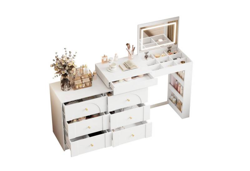 OKWISH Schminktisch Kosmetiktisch, mit Spiegel,Schminktisch mit Schubladen (Drehbarer Schminktisch mit LED-Beleuchtung, Frisiertisch & Bürotisch – 7 Schubladen, L-Form, Weiß, 105x40x80 cm – Platzsparend für kleine Wohnungen, stilvoll mit goldenen Griffen – Perfekt für Schlafzimmer & Home-Office, 105×40×80cm) von OKWISH