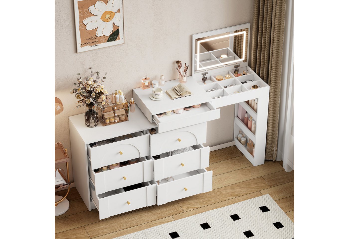 OKWISH Schminktisch Kosmetiktisch, mit Spiegel,Schminktisch mit Schubladen (Drehbarer Schminktisch mit LED-Beleuchtung, Frisiertisch & Bürotisch – 7 Schubladen, L-Form, Weiß, 105x40x80 cm – Platzsparend für kleine Wohnungen, stilvoll mit goldenen Griffen – Perfekt für Schlafzimmer & Home-Office, 1-St., 105×40×80cm) von OKWISH