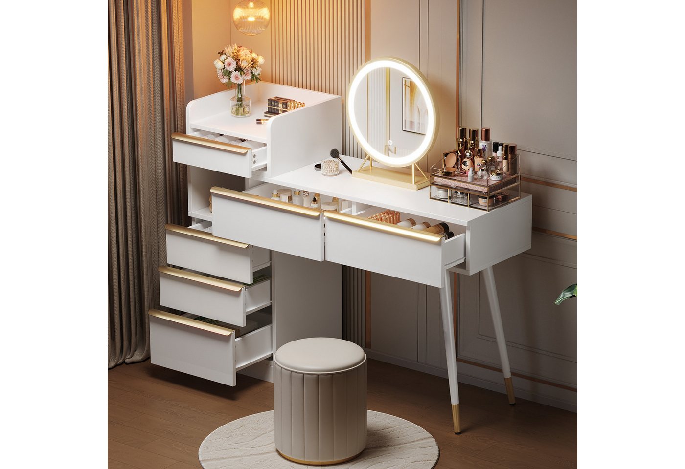 OKWISH Schminktisch Kosmetiktisch, mit Spiegel,Schminktisch mit Schubladen (Schminktisch Weiß mit LED-Spiegel, dimmbar, 6 Schubladen mit Goldgriffen, ausziehbare Tischplatte, flexibler Stauraum – ideal für Schlafzimmer und Kosmetikecke, 1-St., B100/D41.5/H102 cm), Mit Kippsicherung von OKWISH
