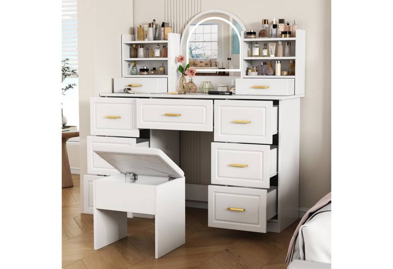 OKWISH Schminktisch Kosmetiktisch, mit Spiegel,Schminktisch mit Schubladen (Schminktisch mit LED-Spiegel & 9 Schubladen, Weiß – Kosmetiktisch für Schlafzimmer und Wohnzimmer, verstellbare Beleuchtung, großzügiger Stauraum, stabil, 120x40x135 cm, 120x40x135cm), Mit Kippsicherung von OKWISH