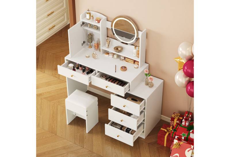 OKWISH Schminktisch Kosmetiktisch, mit Spiegel,Schminktisch mit Schubladen (mit dimmbarer LED, Spiegel & Steckdosen – 5 Schubladen, Türfach & Hocker, 1-St., B90 × H132 × T40 cm), Mit Kippsicherung von OKWISH