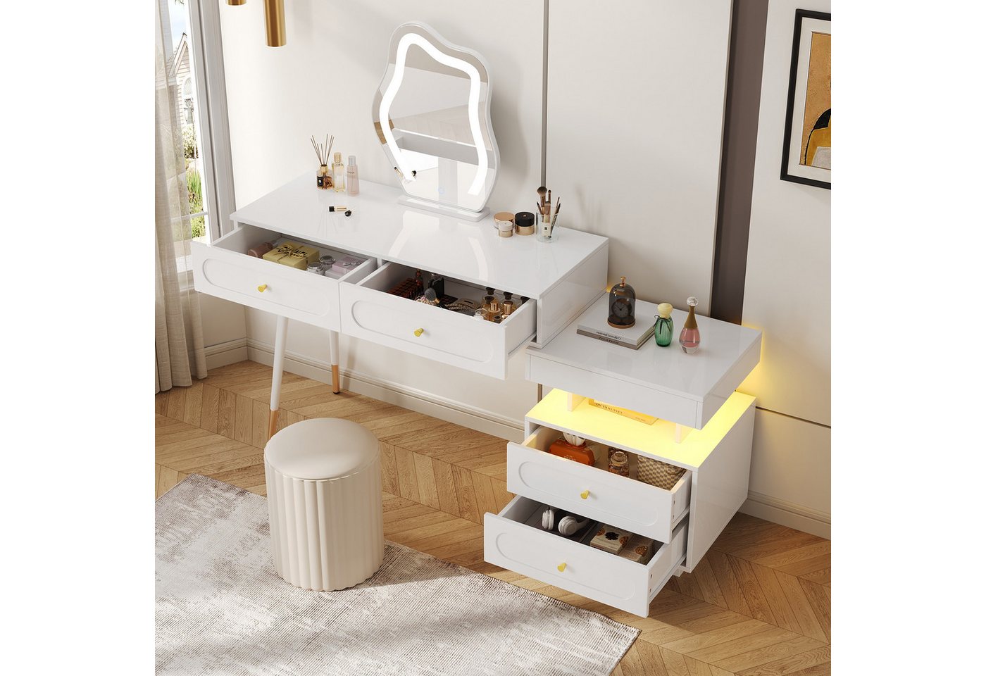 OKWISH Schminktisch Kosmetiktisch mit LED-Beleuchtung, einstellbare Helligkeit (4 Schubladen und offenes Staufach, 1-St., B140/T40/H130 cm) von OKWISH