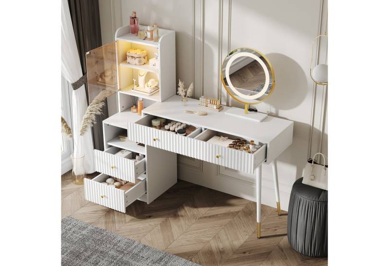 OKWISH Schminktisch Kosmetiktisch mit LED-Beleuchtung, einstellbare Helligkeit (vier Schubladen,1 beleuchteten Schrank mit Glastür, 1-St., B100/D40/H125 cm) von OKWISH