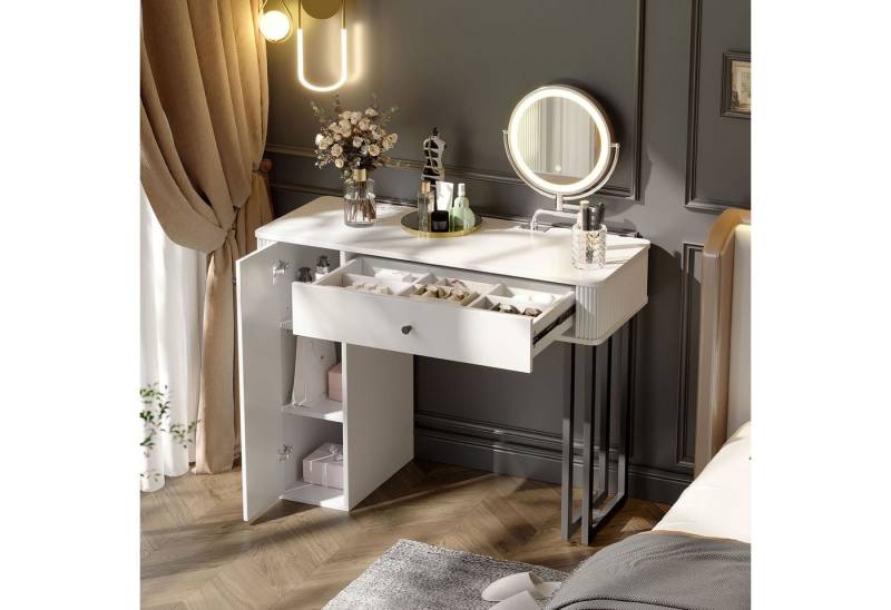 OKWISH Schminktisch für Schlafzimmer & Badezimmer (mit LED-Spiegel – Kosmetikset mit 3 Farbmodi, Dimmbar, 1 Schublade & 1 Tür, Hochwertige Spanplatte(ohne Hocker), 1-St., B100×H116×T40cm), Mit Kippsicherung von OKWISH
