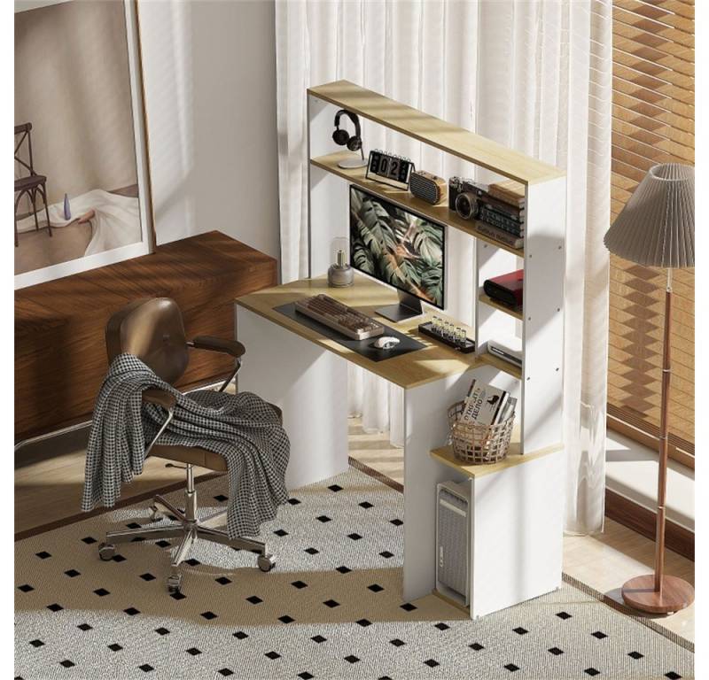 OKWISH Schreibtisch Bürotisch (mit CPU-Ständer & Regal in Eiche – Computertisch, robustes Stahlgestell für Home-Office & Schlafzimmer – ideal für professionelle Nutzer & Studierende, 1-St., 113B x 45T x 138,5H cm) von OKWISH