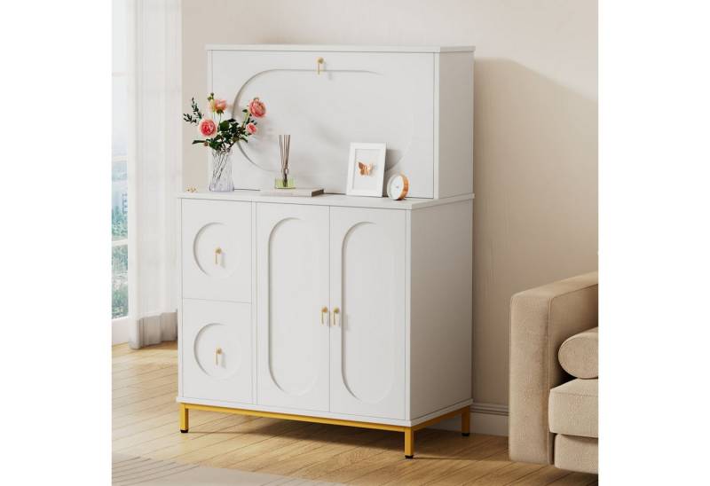 OKWISH Schreibtisch Computertisch,Multifunktional mit Stauraum (Schreibtisch Sekretär in Weiß, 150 cm hoch, 100 cm breit – Multifunktional mit Stauraum, Klappbare Tischfläche, Goldene Metallbeschläge, ideal für Homeoffice, Büro und Arbeitszimmer) von OKWISH