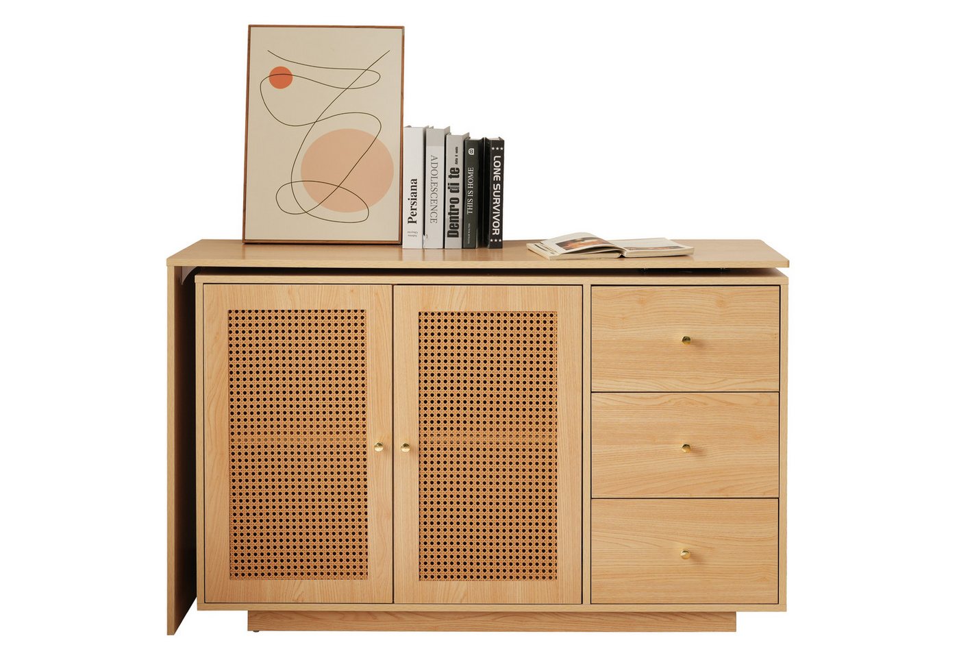 OKWISH Schreibtisch L-förmiger Ecktisch (Ecktisch, Computertisch, 2 Rattantüren, 3 Schubladen), 360°-Rotationsdesign von OKWISH
