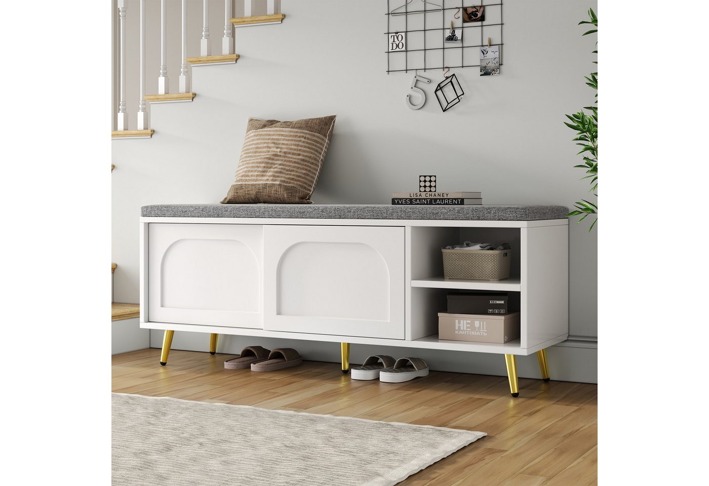 OKWISH Schuhbank Schuhregal (mit Sitzkissen und Stauraum – Weiß,multifunktionale Garderobenbank für Flur & Schlafzimmer, stabil und langlebig, 1-St., B121/D35/H49 cm), mit Sitzbank von OKWISH