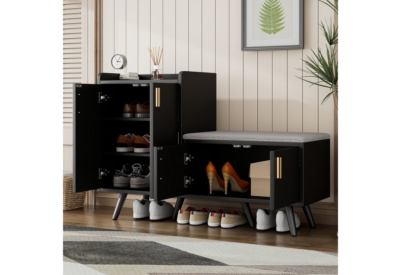 OKWISH Schuhbank Schuhschrank, ausgestattet mit vier Aufbewahrungstüren (Schuhbank mit Holzmaserung und asymmetrischen Metallgriffen – 4 Aufbewahrungstüren, gepolsterte Sitzfläche, stilvoll und funktional, 1-St), mit Sitzbank, verstellbare Böden, asymmetrischen Metallgriffen OKWISH Schuhbank Schuhschrank, ausgestattet mit vier Aufbewahrungstüren (Schuhbank mit Holzmaserung und asymmetrischen Metallgriffen – 4 Aufbewahrungstüren, gepolsterte Sitzfläche, stilvoll und funktional, 1-St), mit Sitzbank, verstellbare Böden, asymmetrischen Metallgriffen von OKWISH