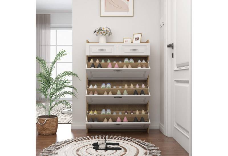 OKWISH Schuhregal Moderne Schuhkommode,Holzschuhschrank,mit Kippsicherung, Schuhkommode mit 3 drehbaren Regalen & 2 Schubladen, modernes minimalistisches Design mit Kippsicherung. 1-tlg., aus Holz, 2 Schubladen, 3 umklappbare Schuhregale, Metallgriff von OKWISH