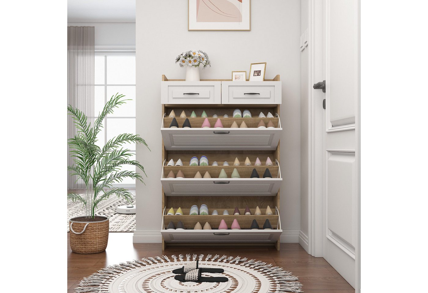 OKWISH Schuhregal Moderne Schuhkommode,Holzschuhschrank,mit Kippsicherung, mit Kippsicherung, geräumig und modernem Design für Eingangsbereich, Wohnzimmer 1-tlg., aus Holz, 2 Schubladen, 3 umklappbare Schuhregale, Metallgriff von OKWISH