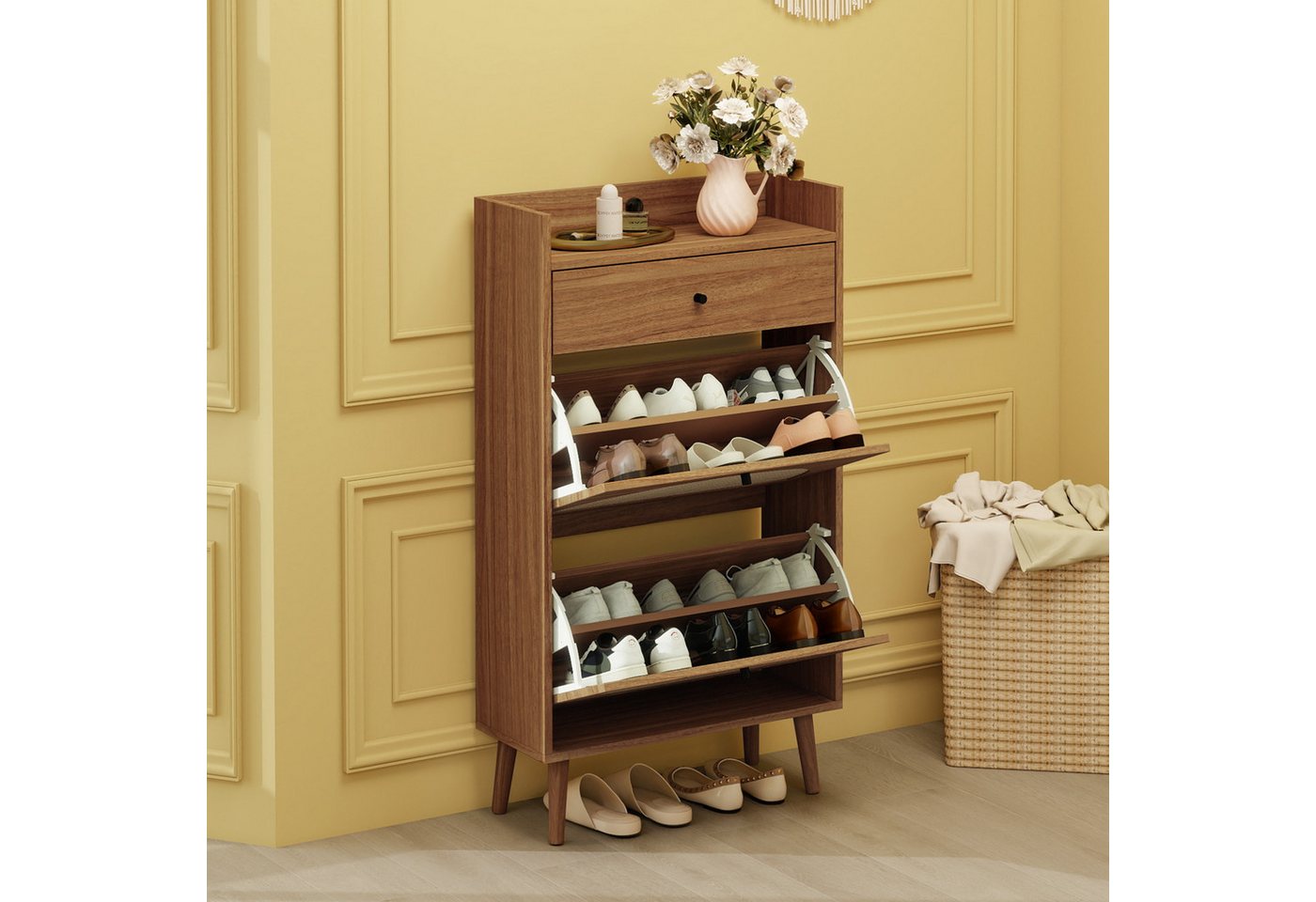 OKWISH Schuhschrank Moderner Schuhregal mit 2 Rattantüren, Schuhkarton Schuhkipper (Schuhschrank,mit Rattan-Optik, 2 Türen und 1 Schublade, flexibles doppeltes Regal, Wandverankerung, Kiefernholzfüße) OKWISH Schuhschrank Moderner Schuhregal mit 2 Rattantüren, Schuhkarton Schuhkipper (Schuhschrank,mit Rattan-Optik, 2 Türen und 1 Schublade, flexibles doppeltes Regal, Wandverankerung, Kiefernholzfüße) von OKWISH