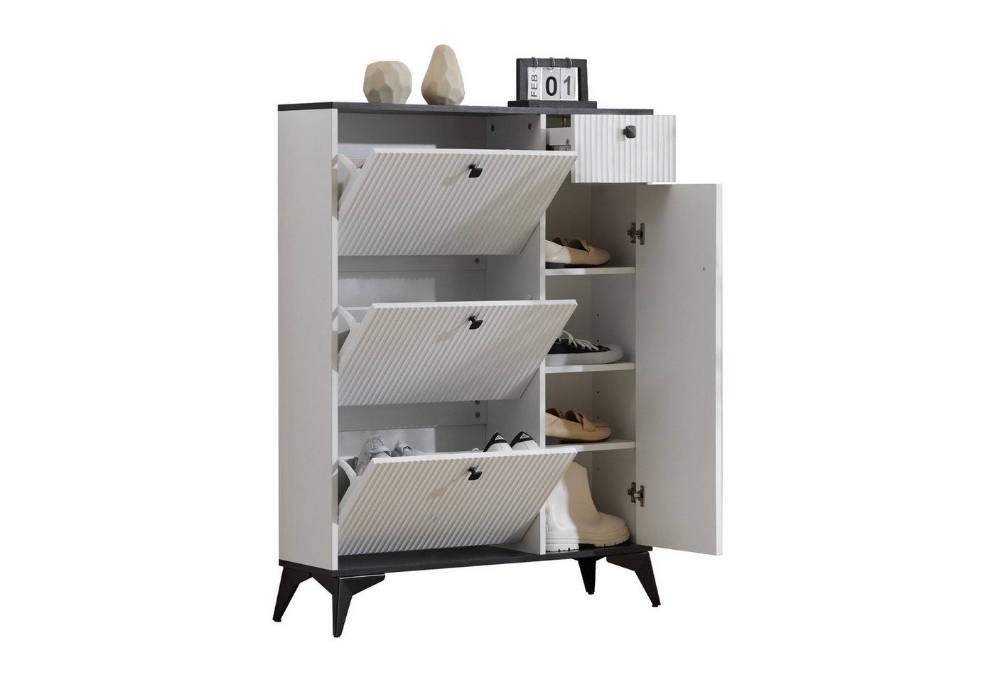 OKWISH Schuhschrank Schuhkipper mit 7 Fächer und 1 Schubladen (Schuhschrank mit 3 Klappen, 1 Schublade und 1 Tür, Schuhregal, 1-St., mit verstellbaren Regalböden und Kippsicherung) mit Wellenform-Design,multifunktionalem Stauraum für Schuhe/Taschen von OKWISH