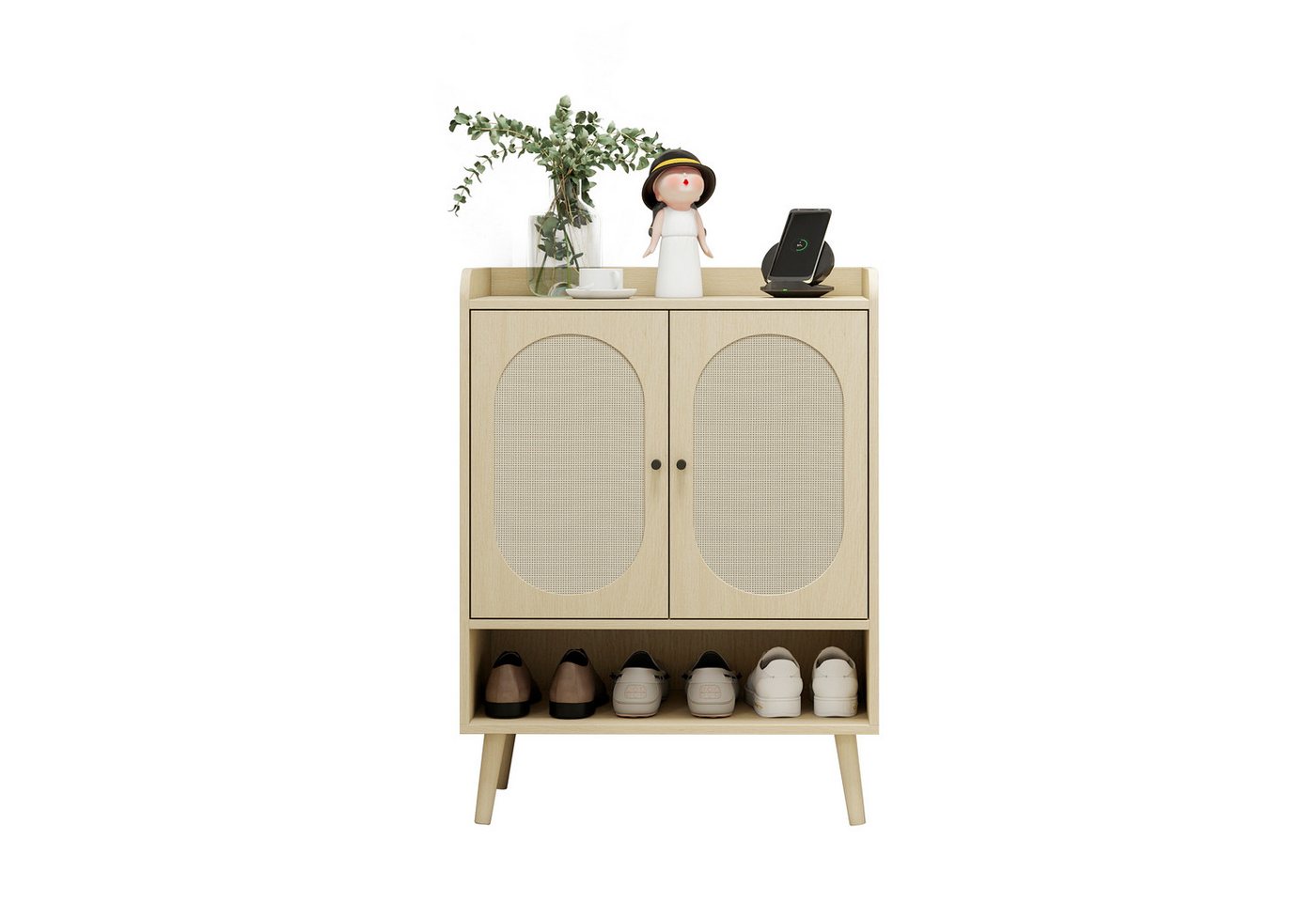 OKWISH Schuhschrank Schuhregal, Schuhkarton (mit Doppeltüren, Rattangeflecht-Design, verstellbare Ablageflächen, ideal für Flur, Eingangsbereich & Korridor) von OKWISH