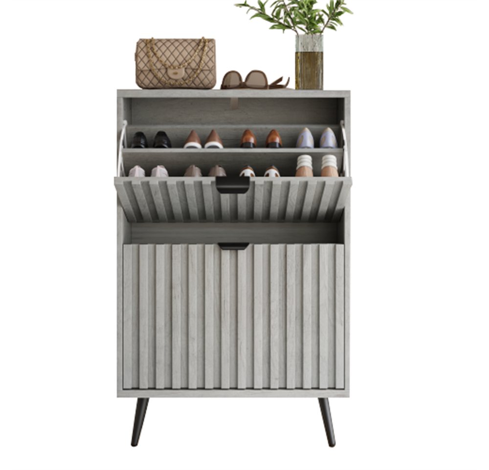 OKWISH Schuhschrank Vielseitiger Kipp-Schuhschrank (Schmaler Schuhschrank mit 2 Klappfächern - Graues Rillendesign, platzsparend & modern für Flur, Eingang & Wohnzimmer) von OKWISH