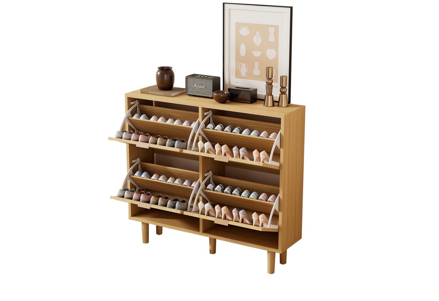OKWISH Schuhschrank aus Rattan (1-St., Maße: 100 x 25 x 90 cm) mit Metallgriffen und 4 Klappschubladen von OKWISH
