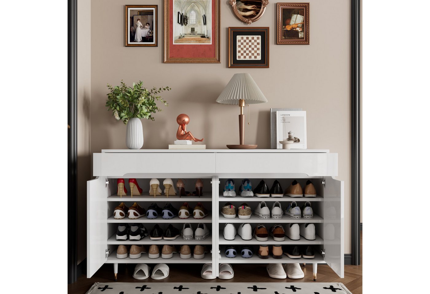 OKWISH Schuhschrank für 18–24 Paar Schuhe (Schuhregal, 1-St., mit zwei Türen, zwei Schubladen, verstellbaren Regalen) goldfarbenen Beinen von OKWISH