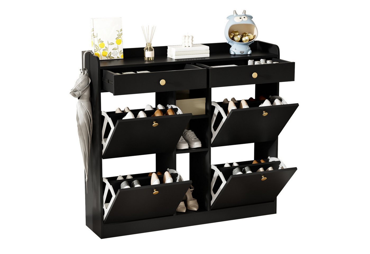 OKWISH Schuhschrank für Flure und Eingangsbereiche (Schuhbank, Schuhregal, Schuhkommode, 1-St., mit 4 Klapptüren, 2 Schubladen, 3 offenen Fächern) 110 x 26 x 100 cm von OKWISH