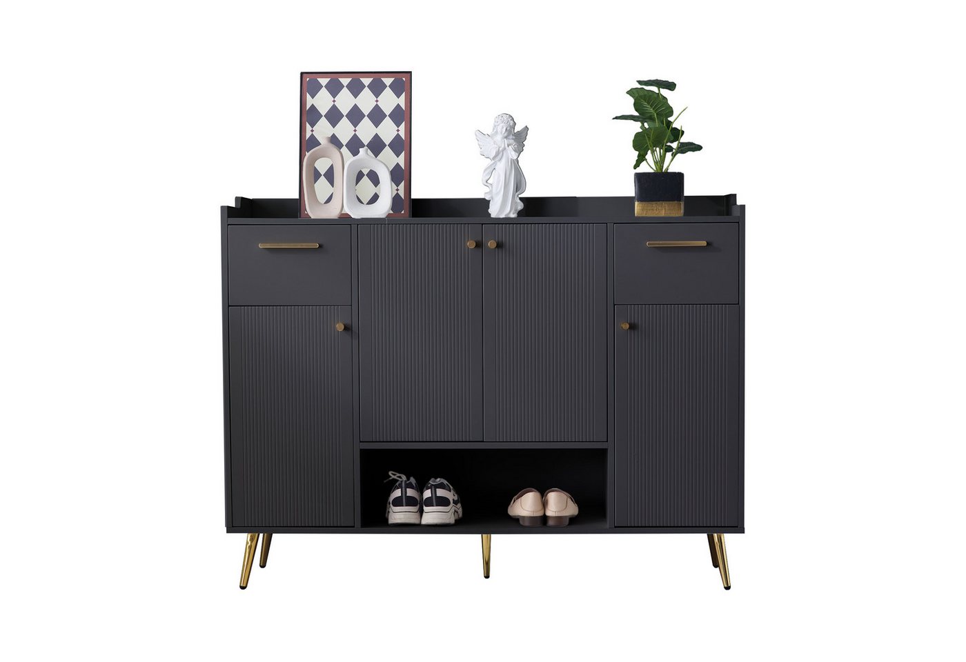 OKWISH Schuhschrank mit Metallfüße (Schuhregal, Sideboard, Kommode, 1-St., 2 Schubladen und 4 Türen) ideal für Flure, Eingangsbereiche oder Schlafzimmer von OKWISH