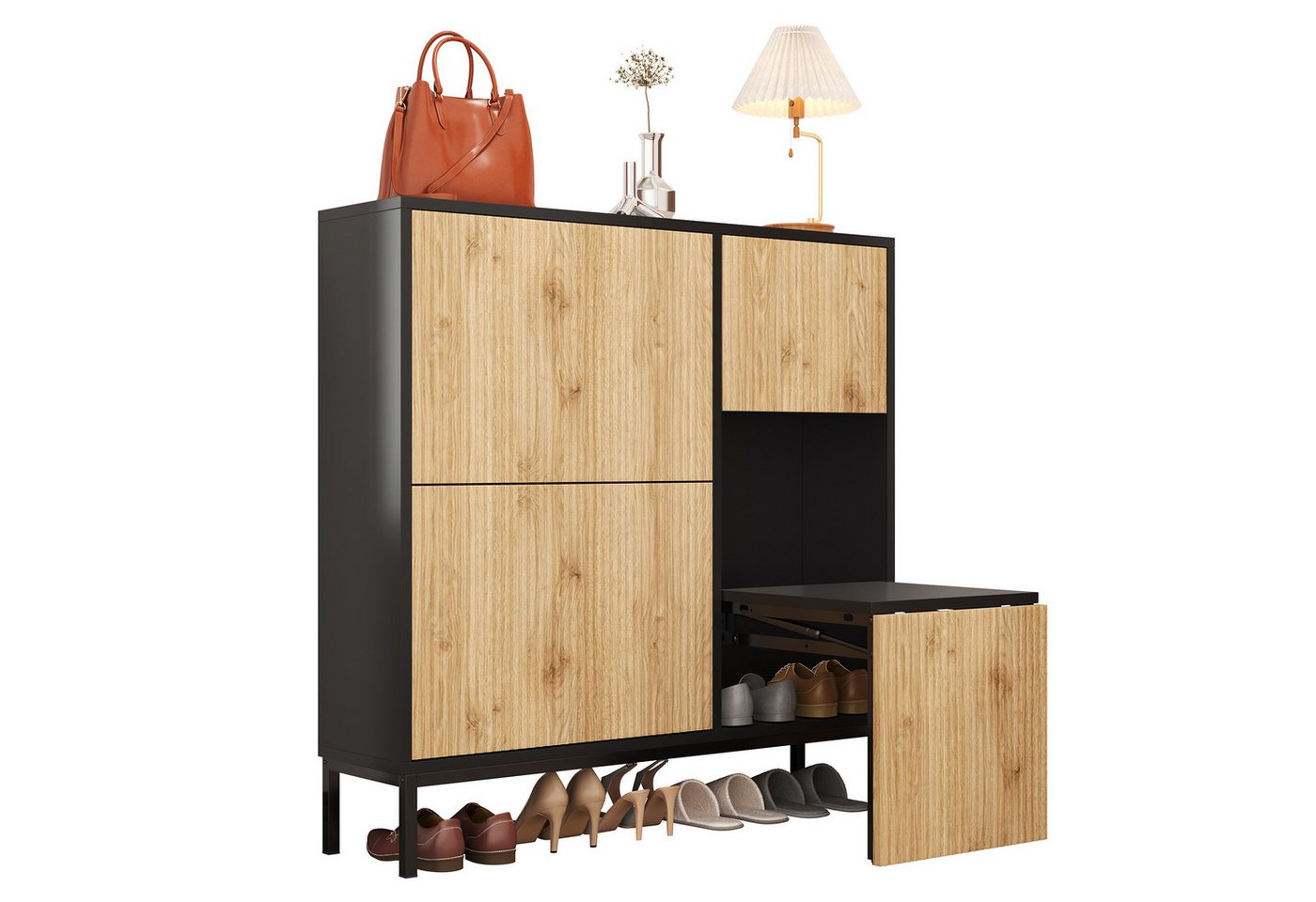 OKWISH Schuhschrank mit einzigartiges geprägtes Design (Schuhregal, Schuhkommode, 1-St., Schuhregal mit drei Klappen) mit Schuhwechselhocker, offenem Stauraum von OKWISH