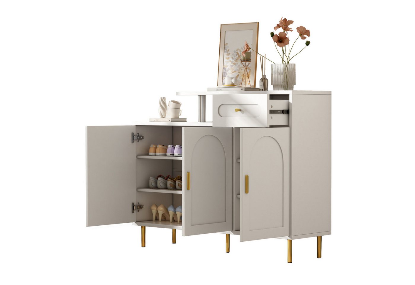 OKWISH Schuhschrank mit goldenen Griffen (Vielseitige Kommode/Sideboard/Schuhschrank mit 3 Türen & 1 Schublade, auf stabilen Metallfüßen., 1-St., 2 offene Fach) mit Metallgriffen von OKWISH