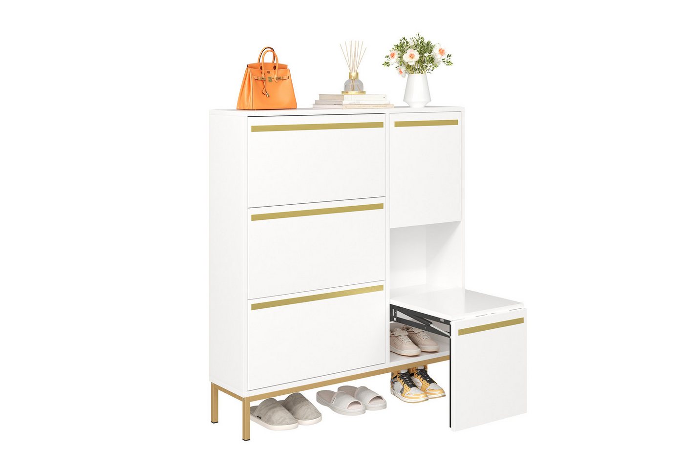 OKWISH Schuhschrank mit großzügigem Stauraum und praktischer Stauraum für Hausschuhe (Schuhregal, Schuhkommode, 1-St., dreifach klappbarem Schuhregal, glänzende Oberfläche) doppeltem Regal, mit ausziehbarem Schuhwechselhocker von OKWISH