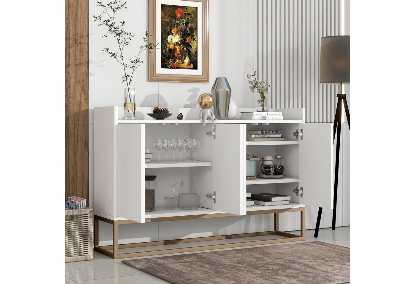 OKWISH Sideboard Anrichte, Modernes Küchenschrank im minimalistischen Stil 4-türiger (griffloser Buffetschrank für Esszimmer, Wohnzimmer, Küche) von OKWISH