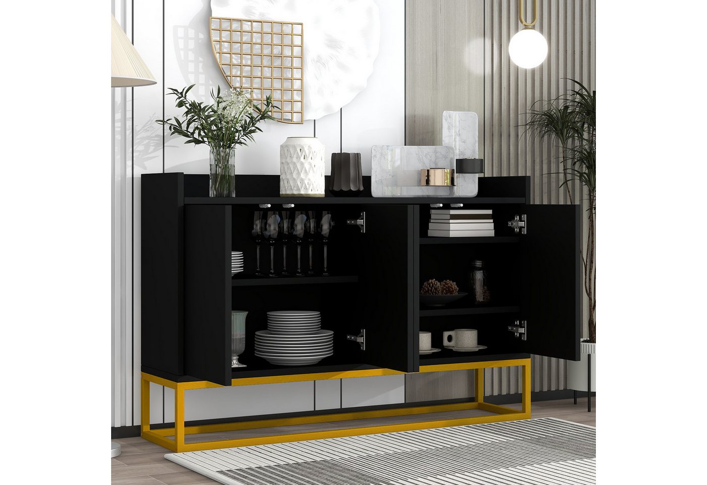 OKWISH Sideboard Anrichte, Modernes Küchenschrank im minimalistischen Stil 4-türiger (griffloser Buffetschrank für Esszimmer, Wohnzimmer, Küche) von OKWISH