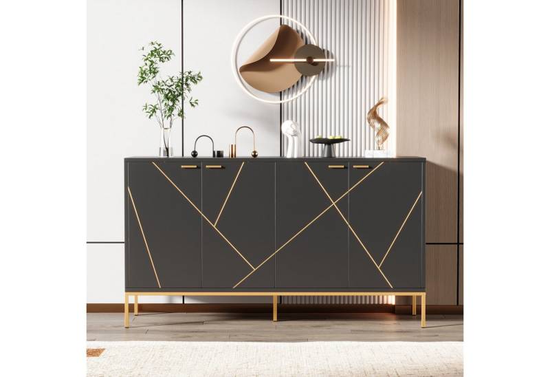 OKWISH Sideboard Anrichte,Modernes Küchenschrank (Eleganter Sideboard mit 4 Türen, flexiblen Regalen & stabilen Metallfüßen – TV- oder Kleiderschrank im minimalistischen Design, 1 St), mit vier Türen, Metallfüßen,geradliniges Design mit Metalllinien-Dekor von OKWISH