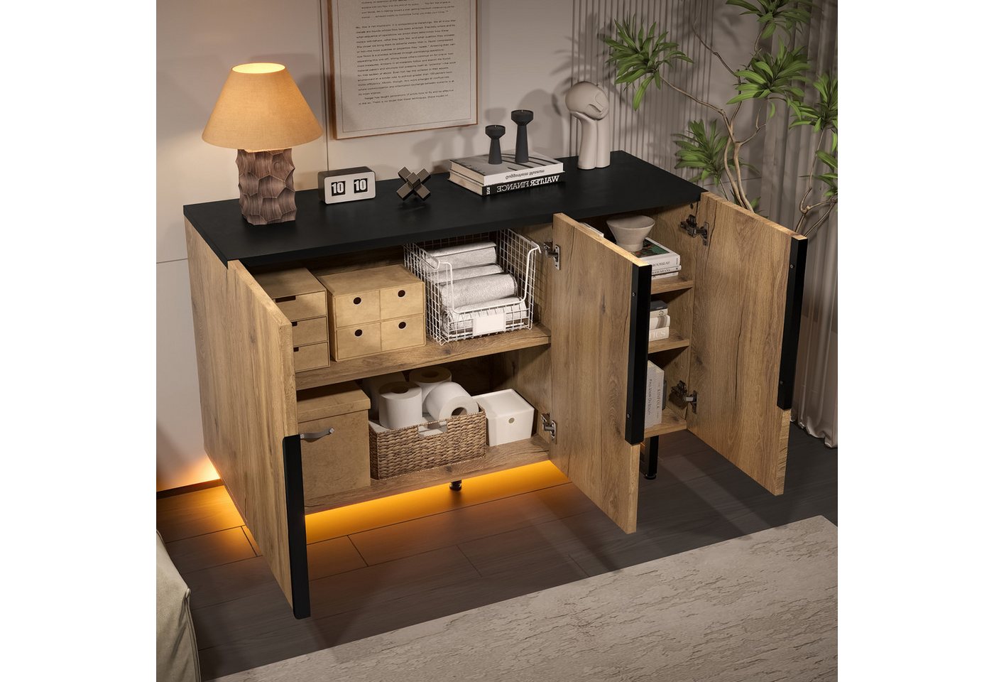 OKWISH Sideboard Anrichte Küchenschrank (mit LED-Beleuchtung, flexibler Stauraum & höhenverstellbare Füße) von OKWISH