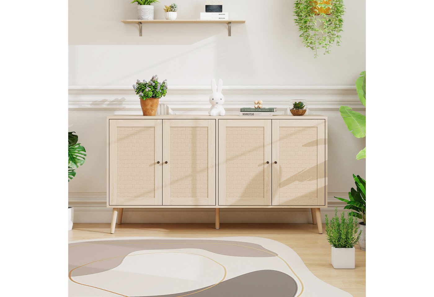 OKWISH Sideboard Anrichte Küchenschrank (mit Wellenmuster in Holzoptik, 4 Türen, großer Stauraum, Aufbewahrungsmöbel) von OKWISH