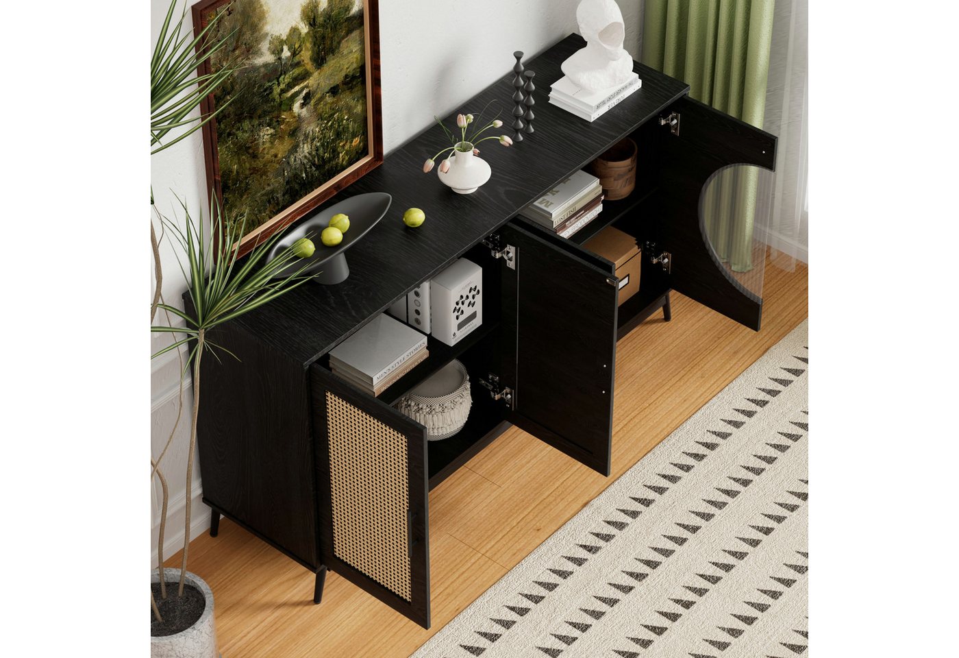 OKWISH Sideboard Aufbewahrungsmöbel (4 Türen), Aufbewahrungsmöbel mit halbrunde Tür,Glastüren aus Rattan, 160*40*80cm von OKWISH