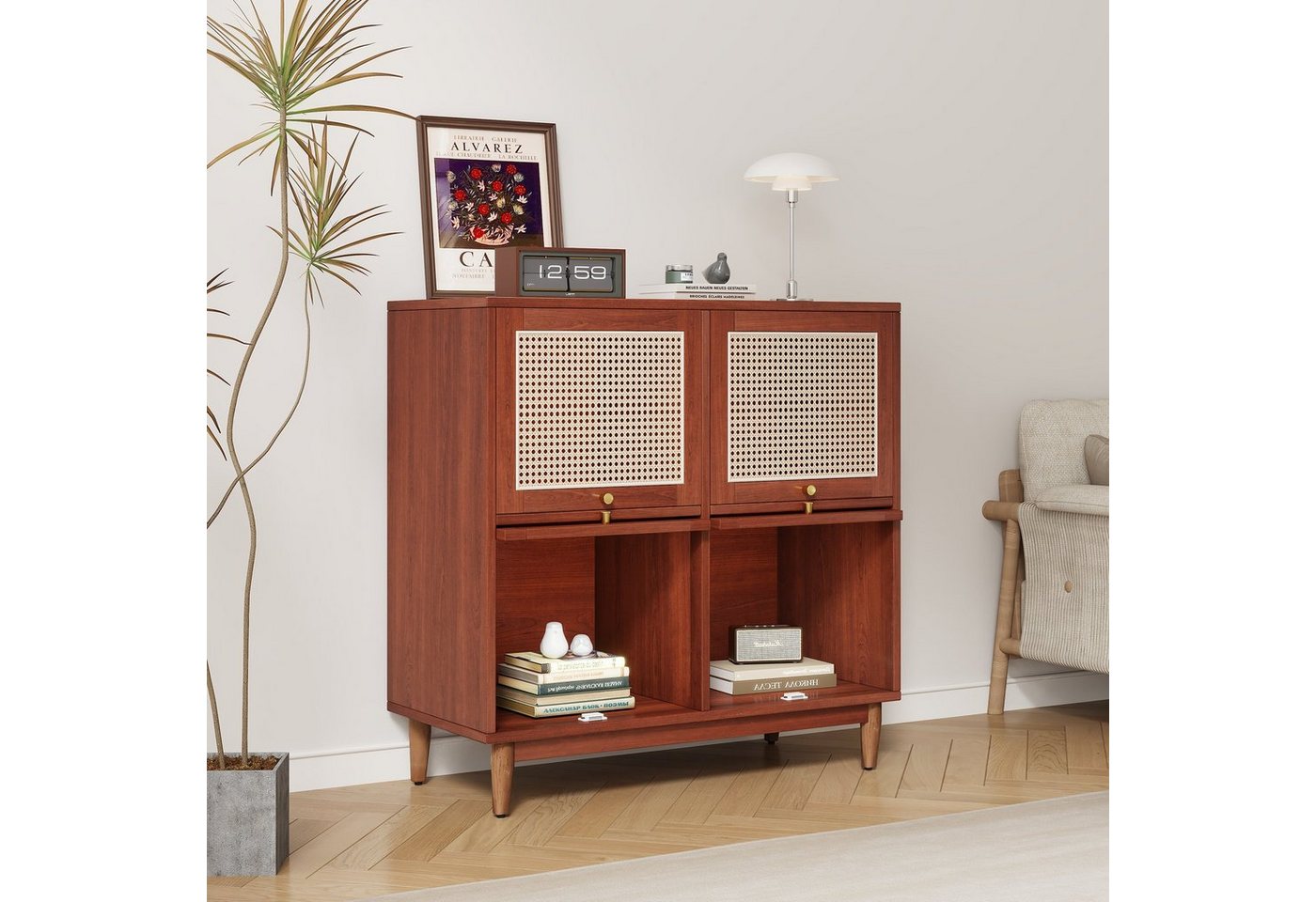 OKWISH Sideboard Aufbewahrungsschrank, Quadratschrank, Rattan und transparente Acryltüren, Esszimmerschrank von OKWISH