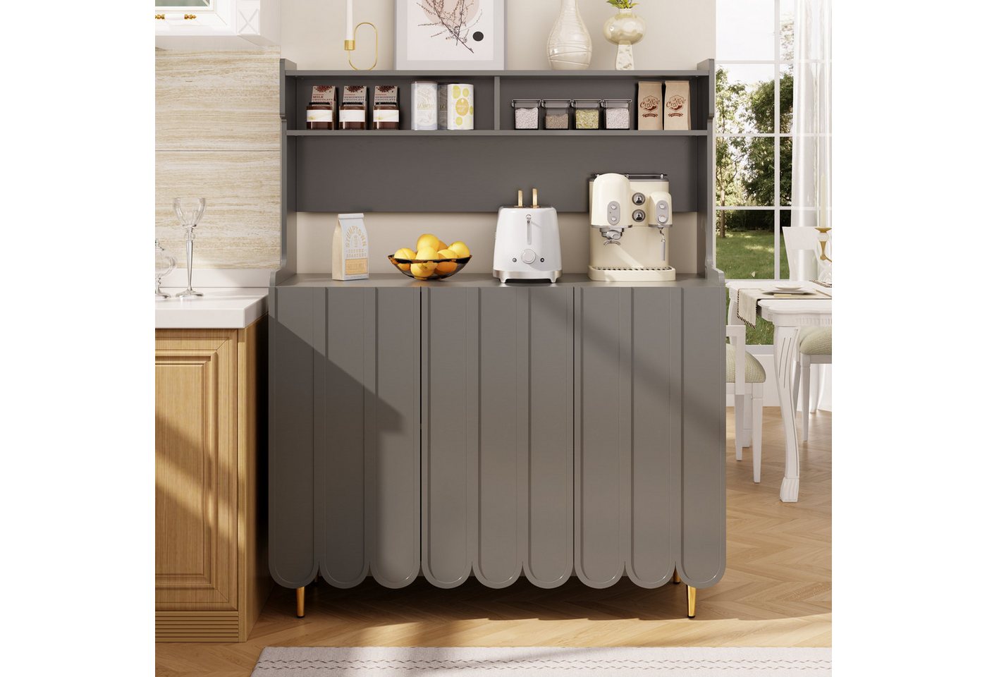 OKWISH Sideboard Aufbewahrungsschrank mit ausreichend Stauraum (Anrichte, Kommode, 1 St., mit drei Türen, offenes Ablageregal), offenes Ablageregal-Design, mit Goldene zylindrische Beine von OKWISH
