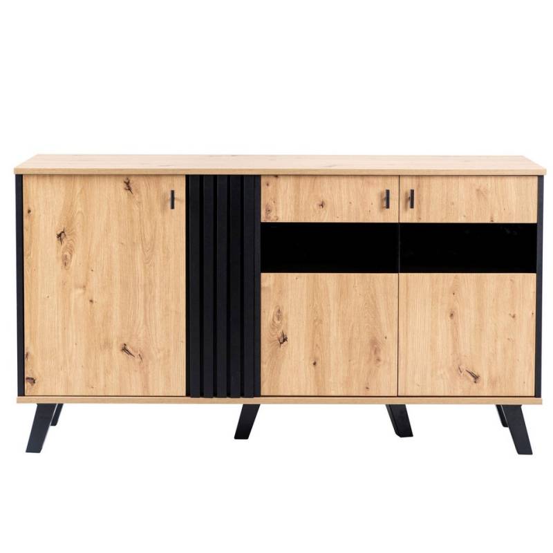 OKWISH Sideboard Beistellschrank Küchenschrank Aufbewahrungsschrank 140 x 78 x 41 cm (mit Stauraum Schrank mit LED-Licht und Glas, farblich abgestimmtes Design-Sideboard aus Holz und Schwarz), vielseitig einsetzbar und einzigartig in der Optik von OKWISH