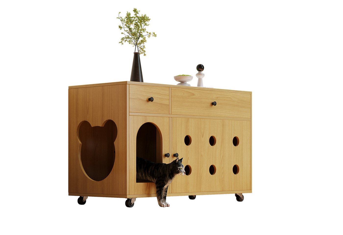 OKWISH Sideboard Bewegliches Katzenhaus mit Rollen, Geräuschisolierung (Katzenklo Schrank, Haustier-Sideboard, 1 St., 100*45*66 cm), Abnehmbare Sand Auffangplatte von OKWISH