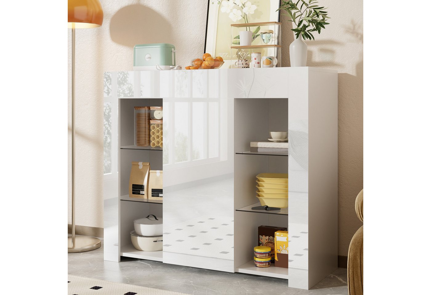 OKWISH Sideboard Buffet mit Hochglanz-Front (Esszimmerschrank, Anrichte, 1 St., Spanplatte), mit Glasregalen und Schranktür von OKWISH